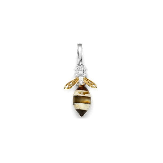 Pendentif abeille en ambre miel et cognac, argent 925/1000 rhodié et doré