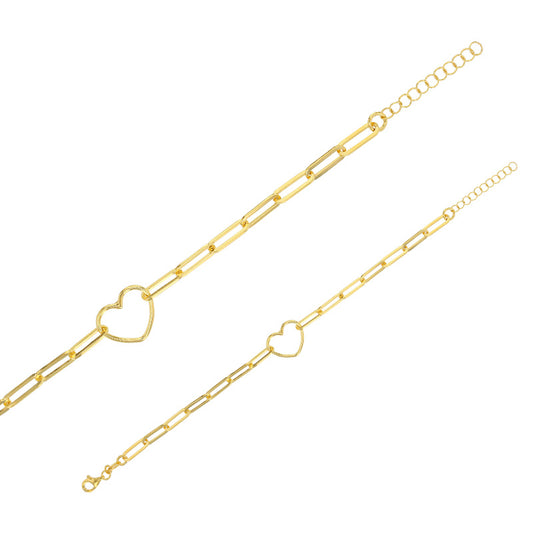 Bracelet forme coeur, chaîne rectangle allongé, argent 925/1000 doré